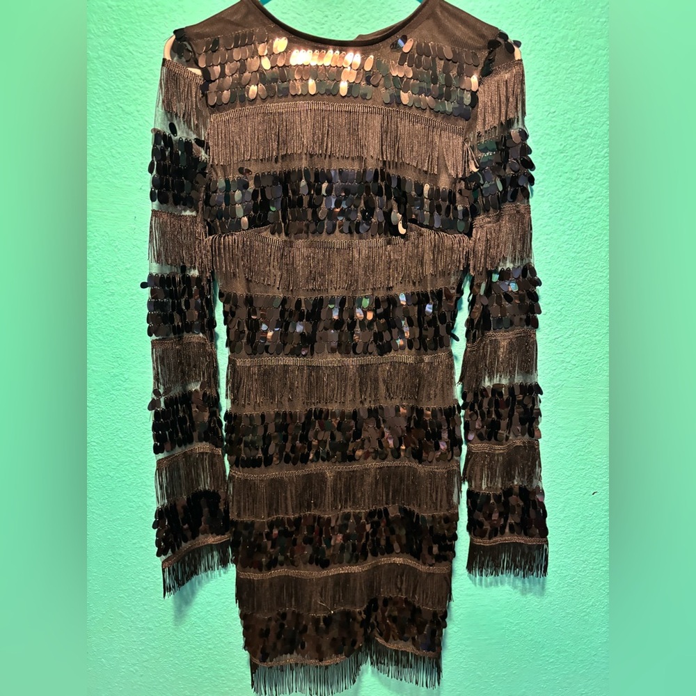 Elegant Black Sequin and Fringe Dress. Size small.